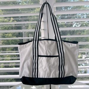 JOE FRESH Canvas Beach Tote Bag, Carryall, White Cream Black, Cotton Canvas